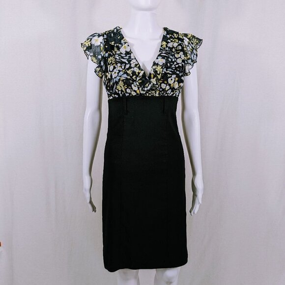 Speechless Black & Yellow Floral Pencil Dress with Frilly Sleeves Size 5 - Picture 1 of 5